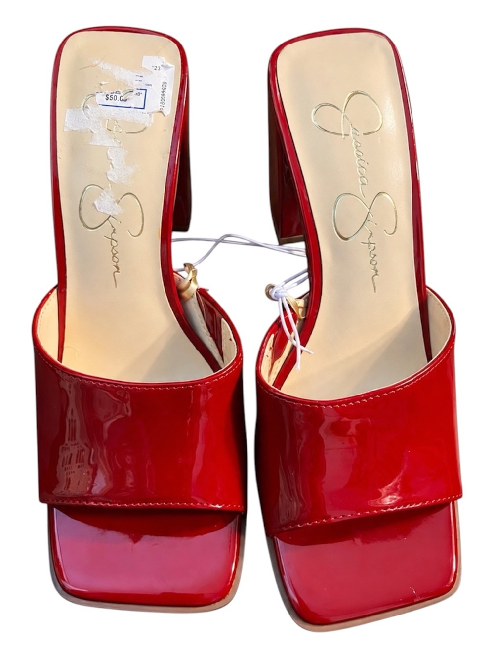 Jessica Simpson Red Patent Block Heel Slide Sandals | NWT | Size 5.5